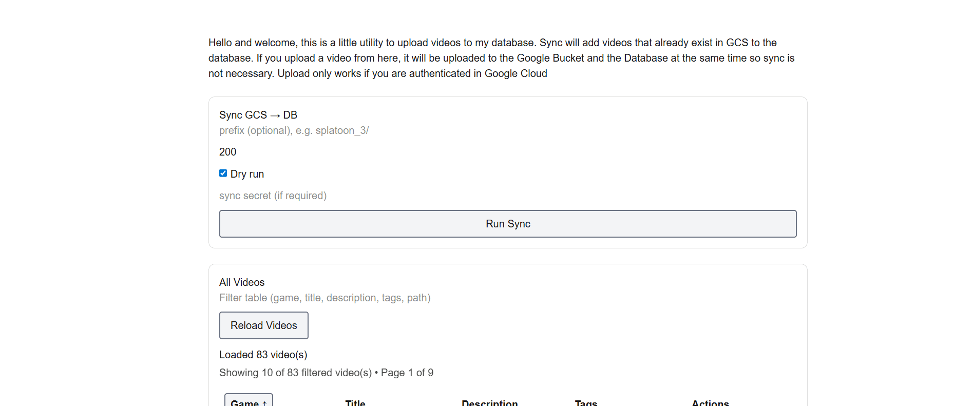 Video Manager page preview